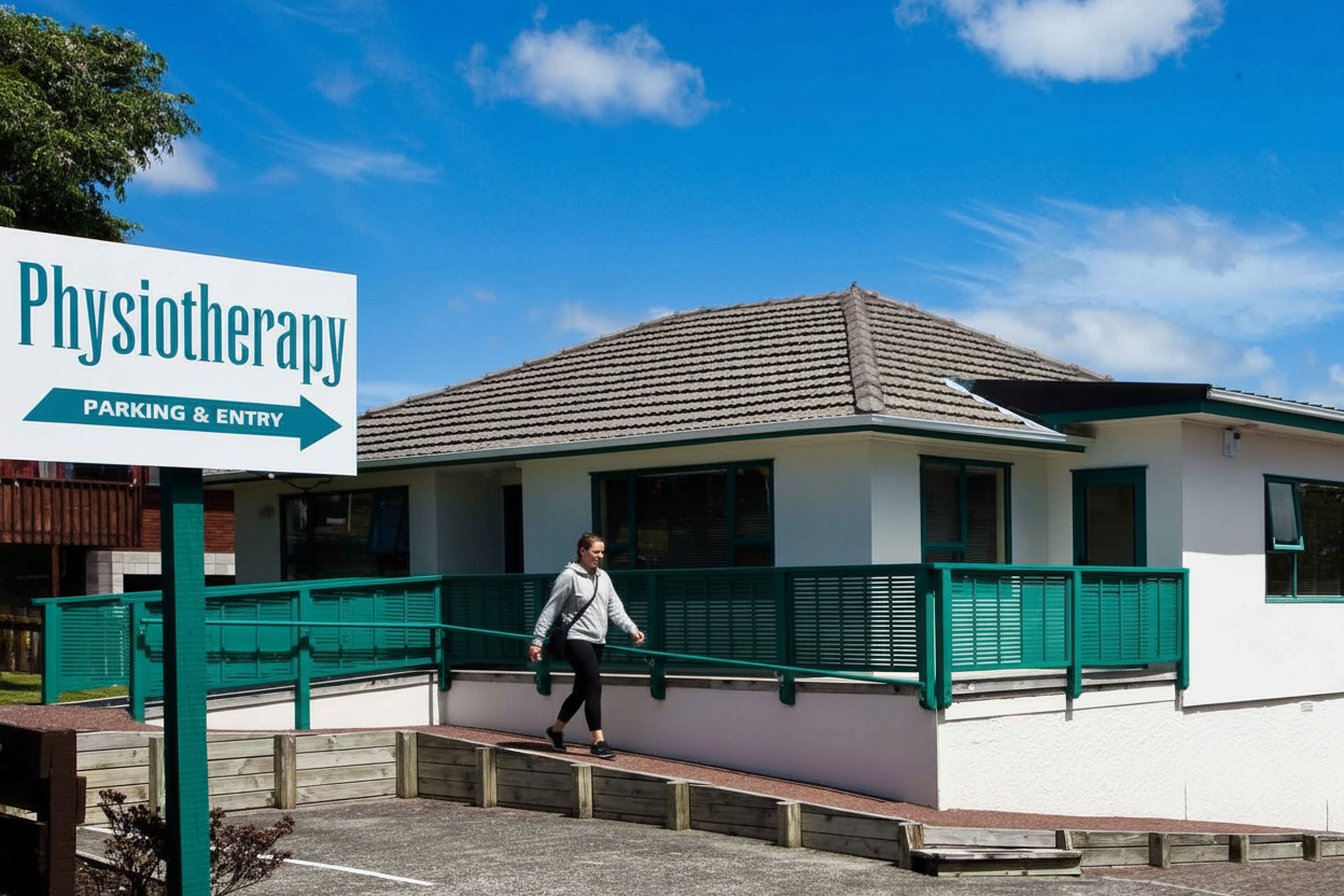 Physiotherapy building with a sign indicating parking and entry.